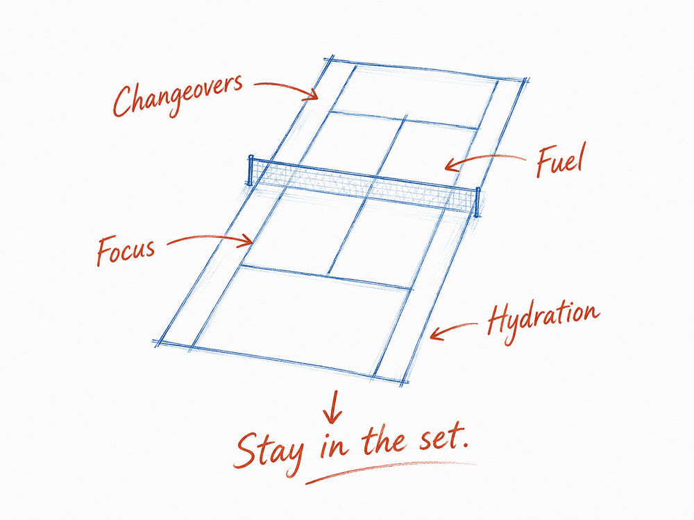 A hand-drawn blue line sketch of a tennis court with red handwritten labels pointing to different areas: Changeovers, Fuel, Focus, Hydration, and Stay in the set.