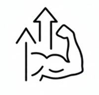 Black and white icon of a flexed bicep with an upward-pointing arrow above it on a white background.