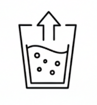 Icon of a glass with liquid and an arrow pointing upwards, indicating a product for cleaning or dissolving.